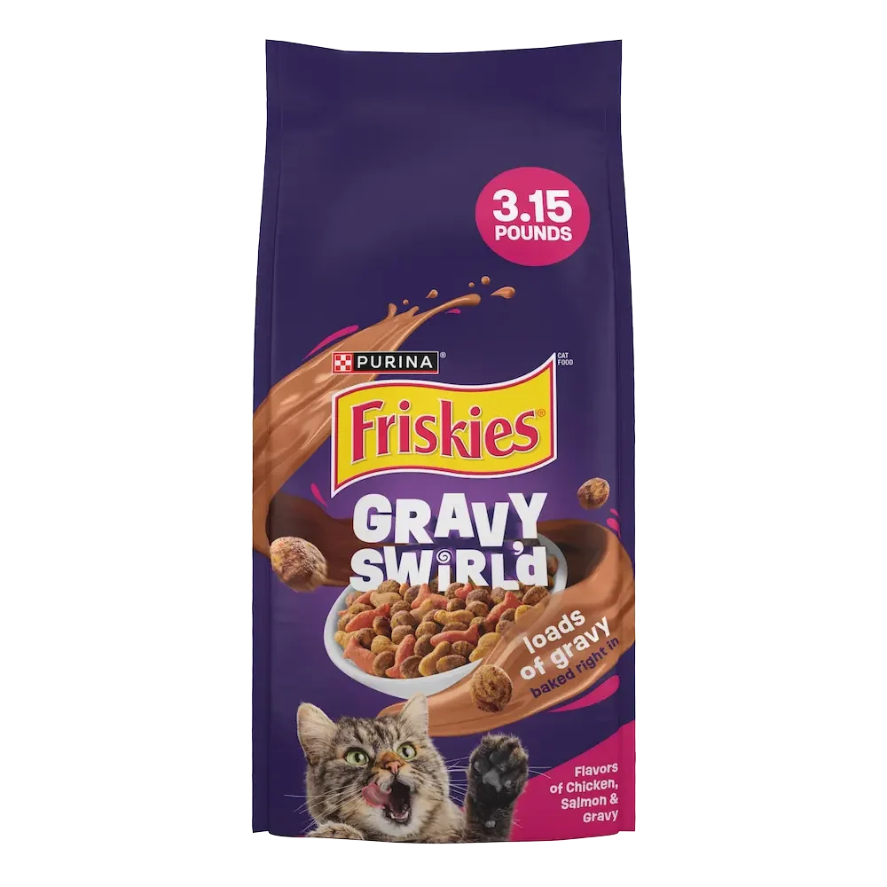 Friskies: Gravy Swirl’d Dry Cat Food With Flavors of Chicken, Salmon & Gravy