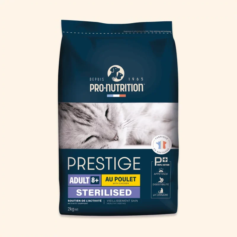 Pro-Nutrition Prestige: Adult 8+ Sterilised - Chicken Flavor, or overweight adult cat over 8 years old
